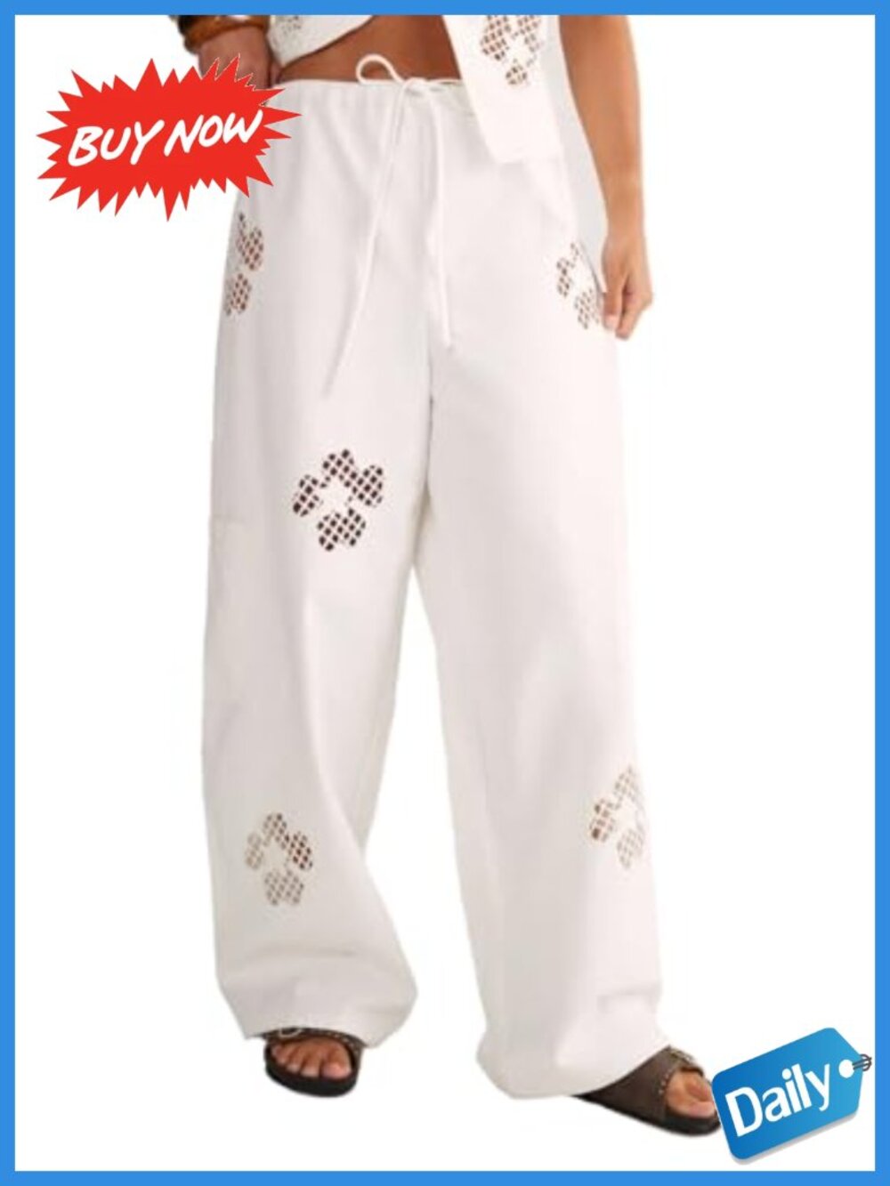Floral Cutwork Cargo Pants Cotton Wide Leg Drawstring Ankle